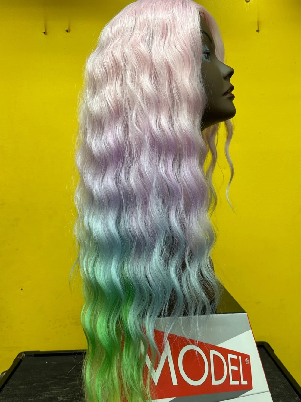 Pastel Rainbow Ombre Wavy Women’s Hairpiece Green & Lilac Pre-cut Synthetic Wig